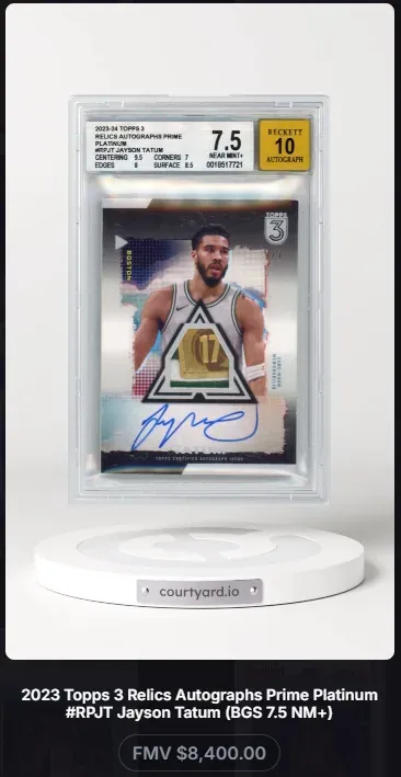 2023 Topps 3 Relics Autographs Prime Platinum #RPJT Jayson Tatum, graded BGS 7.5