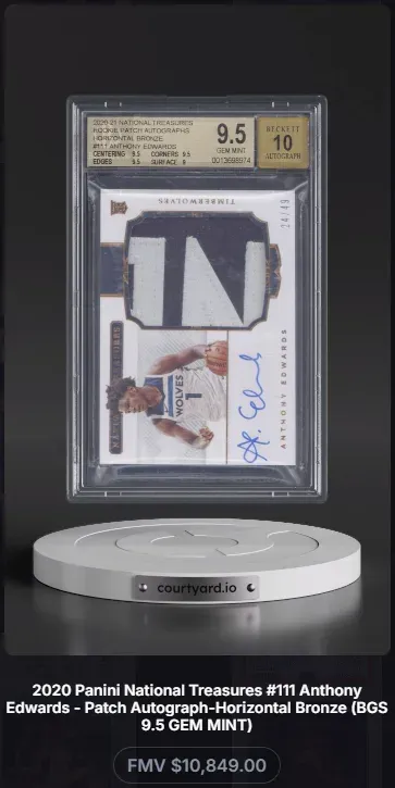 2020 National Treasures #111 Anthony Edwards Rookie Patch Auto Horizontal Bronze, graded BGS 9.5