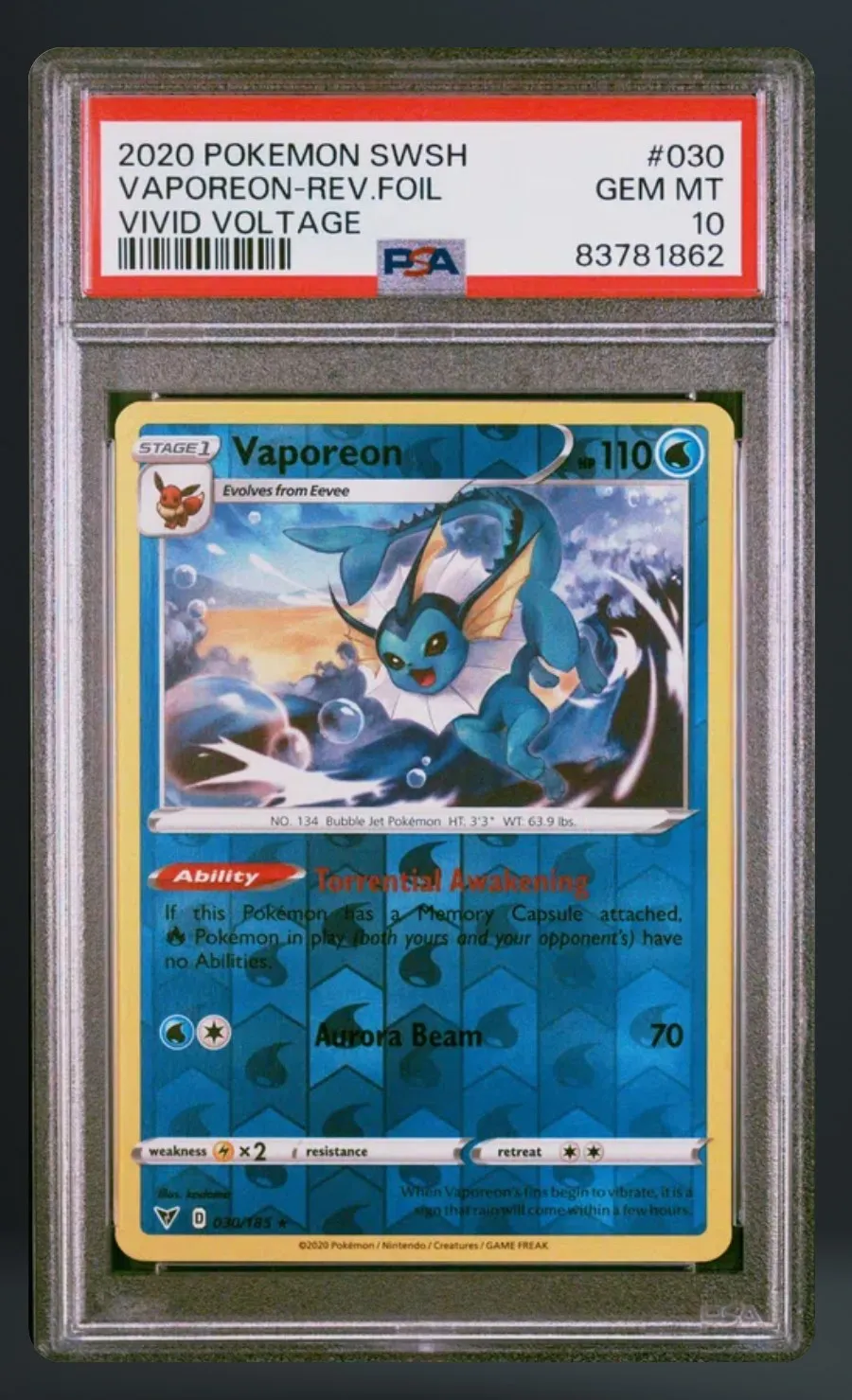 Vaporeon-Rev.foil — PSA 10 graded slab