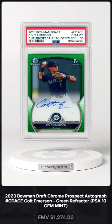 2023 Bowman Draft #CDACE Colt Emerson Chr Prospect Auto-Green Ref, graded PSA 10