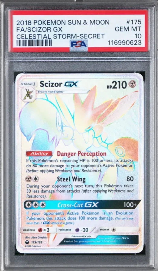 2018 Pokemon Sun & Moon #175 Scizor GX FA, Celestial Storm-Secret, graded PSA 10