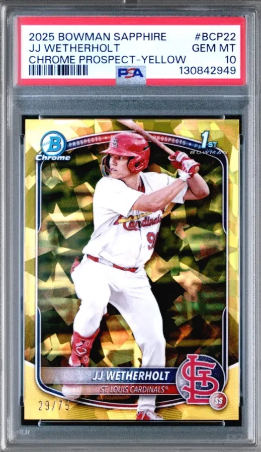 2025 Bowman Sapphire #BCP22 JJ Wetherholt Chrome Prospect-Yellow, graded PSA 10
