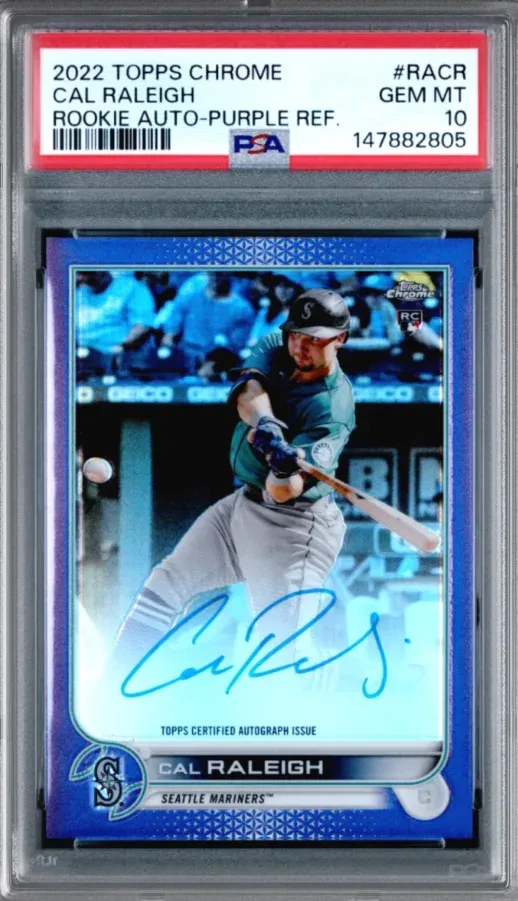 2022 Topps Chrome #RACR Cal Raleigh Rookie Auto-Purple Ref, graded PSA 10