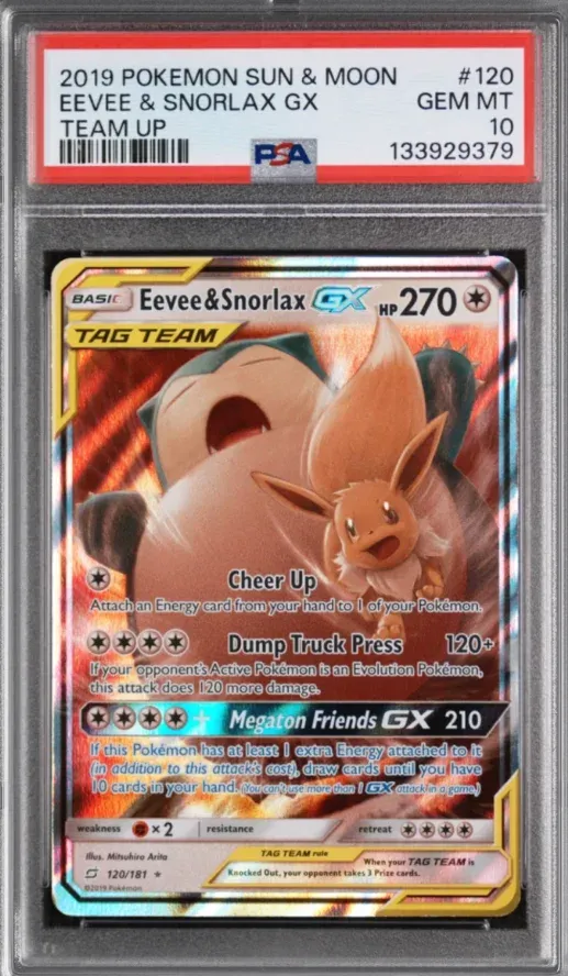 2019 Pokemon Sun & Moon #120 Eevee & Snorlax GX Team Up, graded PSA 10