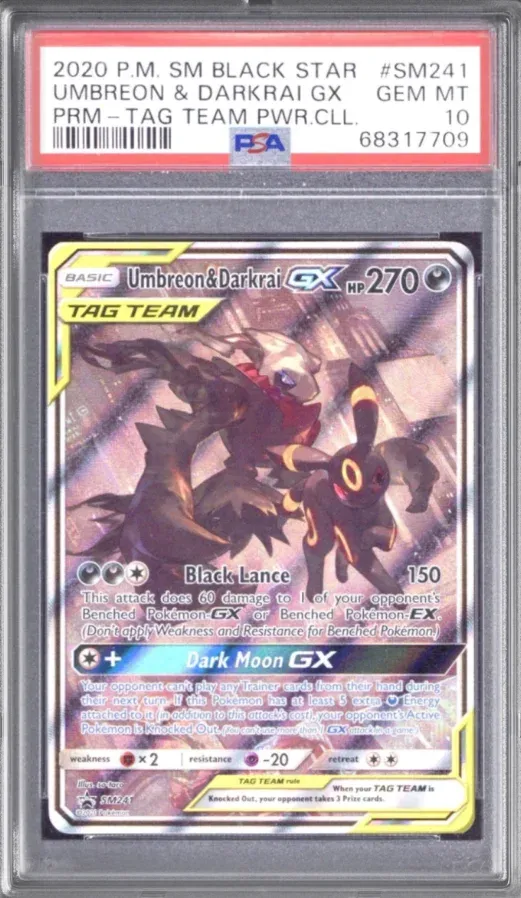 2020 P.M. SM Black Star #SM241 Umbreon & Darkrai GX Prm-Tag Team Pwr Cll., graded PSA 10