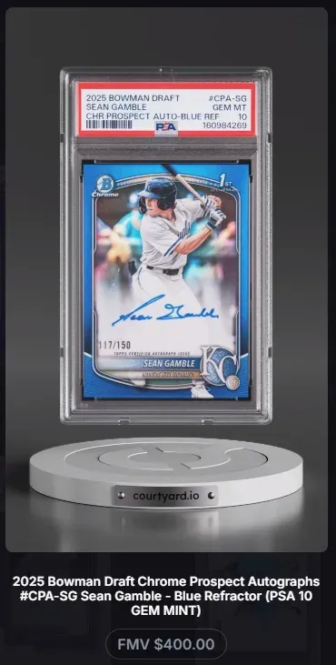 2025 Bowman Draft #CPA-SG Sean Gamble Chr Prospect Auto-Blue Ref, graded PSA 10