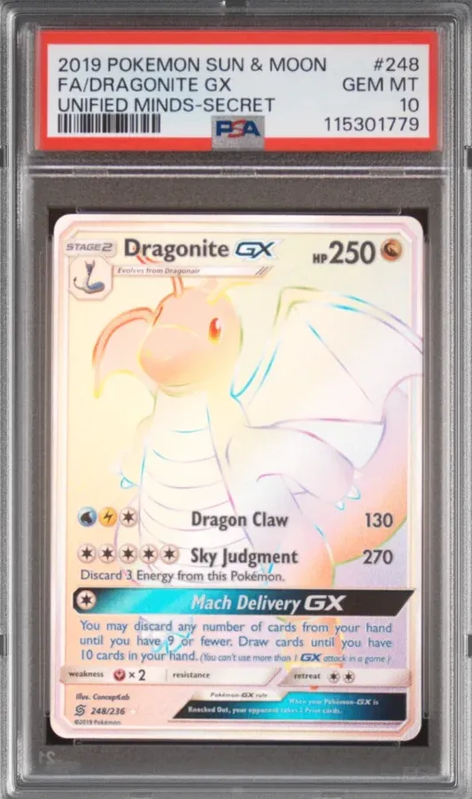 2019 Pokemon Sun & Moon #248 Dragonite GX FA, Unified Minds-Secret, graded PSA 10