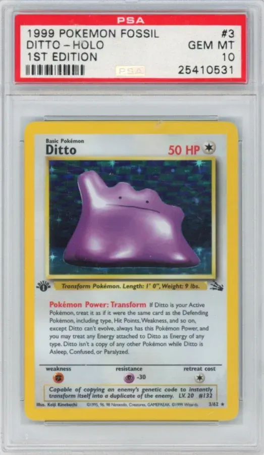 1999 Pokemon Fossil #3 Ditto Holo, 1st Edition, graded PSA 10