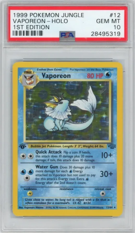 1999 Pokemon Jungle #12 Vaporeon Holo, 1st Edition, graded PSA 10
