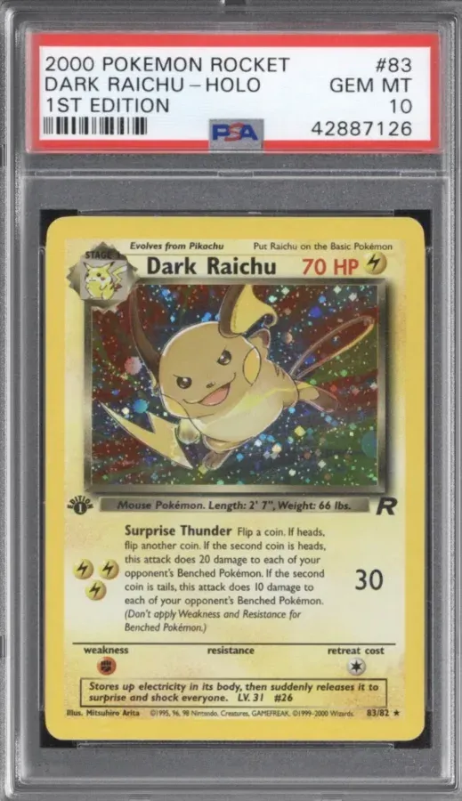 2000 Pokemon Rocket #83 Dark Raichu Holo, 1st Edition, graded PSA 10