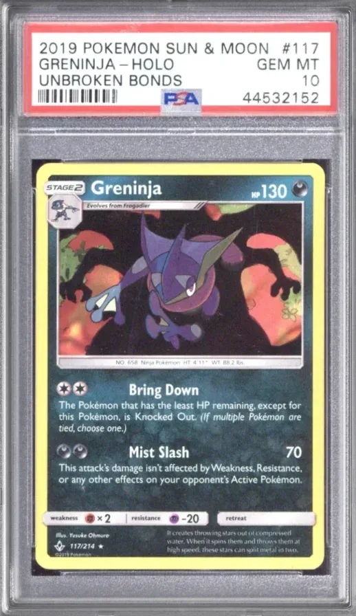2019 Pokemon Sun & Moon #117 Greninja Holo, Unbroken Bonds, graded PSA 10