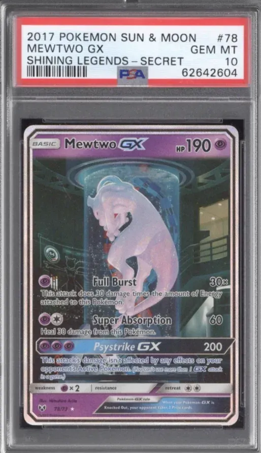 2017 Pokemon Sun & Moon #78 Mewtwo GX Shining Legends - Secret, graded PSA 10
