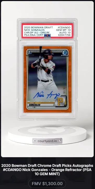 2020 Bowman Draft #CDANGO Nick Gonzales Chr.DP AU-Org.Rf., graded PSA 10