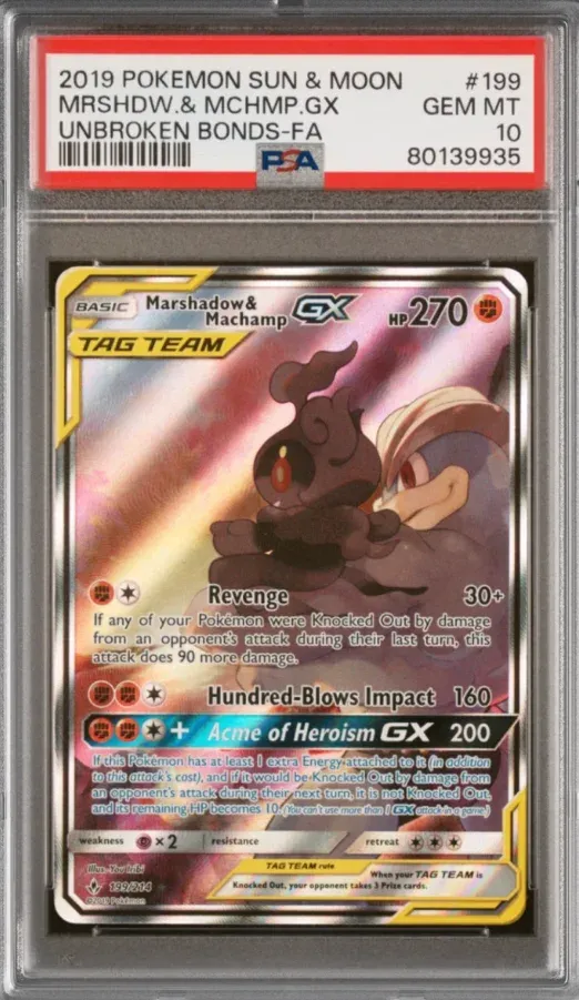 2019 Pokemon Sun & Moon #199 Marshadow & Machamp GX Unbroken Bonds-FA, graded PSA 10