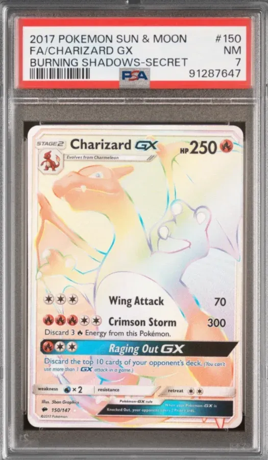 2017 Pokemon Sun & Moon #150 Charizard GX FA, Burning Shadows-Secret, graded PSA 7