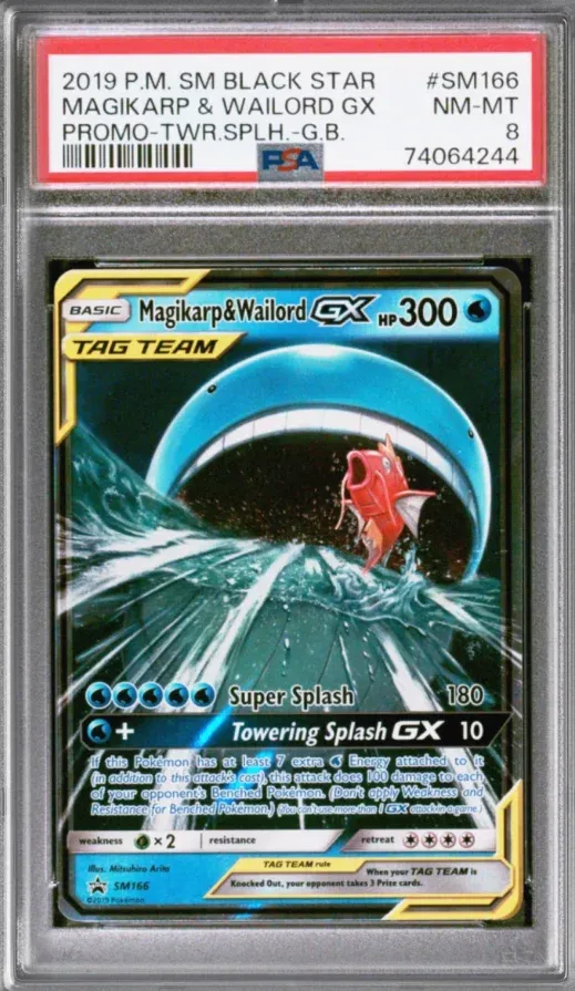 2019 P.M. SM Black Star #SM166 Magikarp & Wailord GX Promo-TWR SPLH -G.B., graded PSA 8