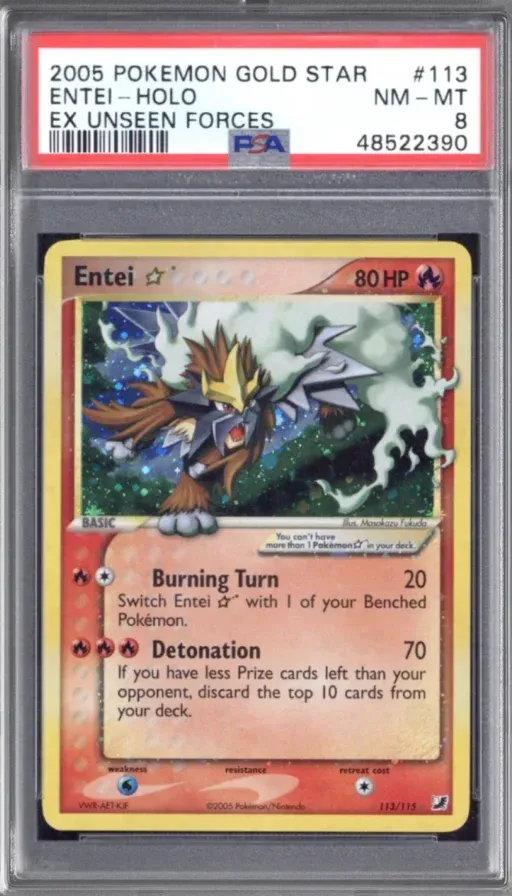 2005 Pokemon Gold Star #113 Entei Holo, EX Unseen Forces, graded PSA 8