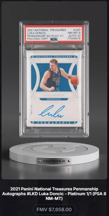 2021 National Treasures #LKD Luka Doncic Penmanship AU-Plat. 1/1, graded PSA 8