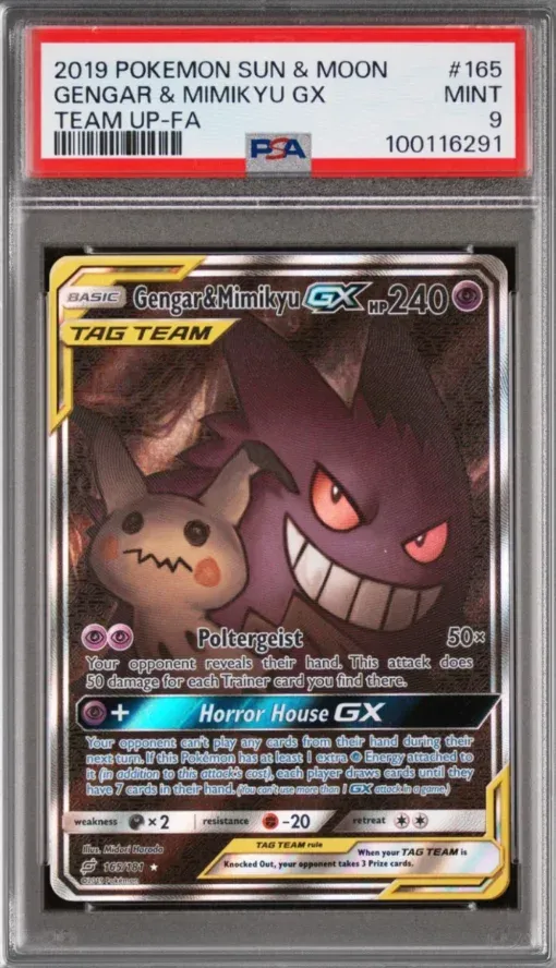 2019 Pokemon Sun & Moon #165 Gengar & Mimikyu GX Team Up-FA, graded PSA 9