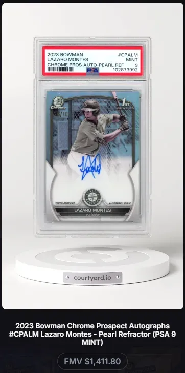 2023 Bowman #CPALM Lazaro Montes Chrome Pros Auto-Pearl Ref, graded PSA 9