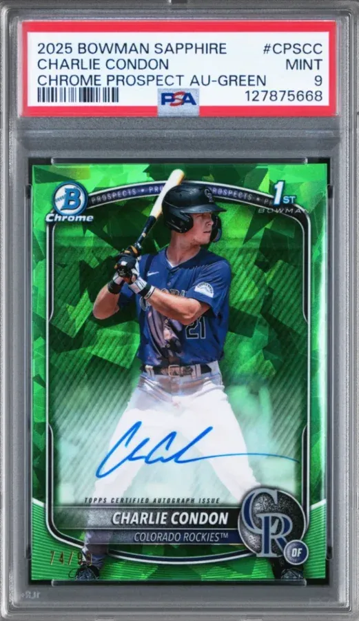 2025 Bowman Sapphire #CPSCC Charlie Condon Chrome Prospect AU-Green, graded PSA 9