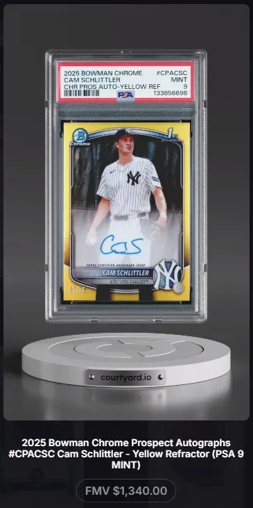 2025 Bowman Chrome #CPACSC Cam Schlittler Chr Pros Auto-Yellow Ref, graded PSA 9