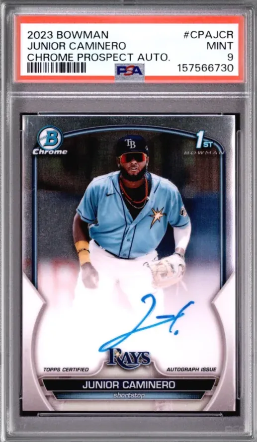 2023 Bowman #CPAJCR Junior Caminero Chrome Prospect Auto., graded PSA 9