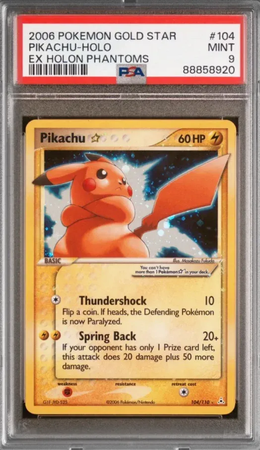 2006 Pokemon Gold Star #104 Pikachu Holo, EX Holon Phantoms, graded PSA 9