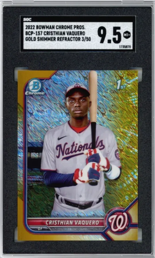 2022 Bowman Chrome Pros. #BCP-157 Cristhian Vaquero Gold Shimmer Refractor /50, graded SGC 9.5
