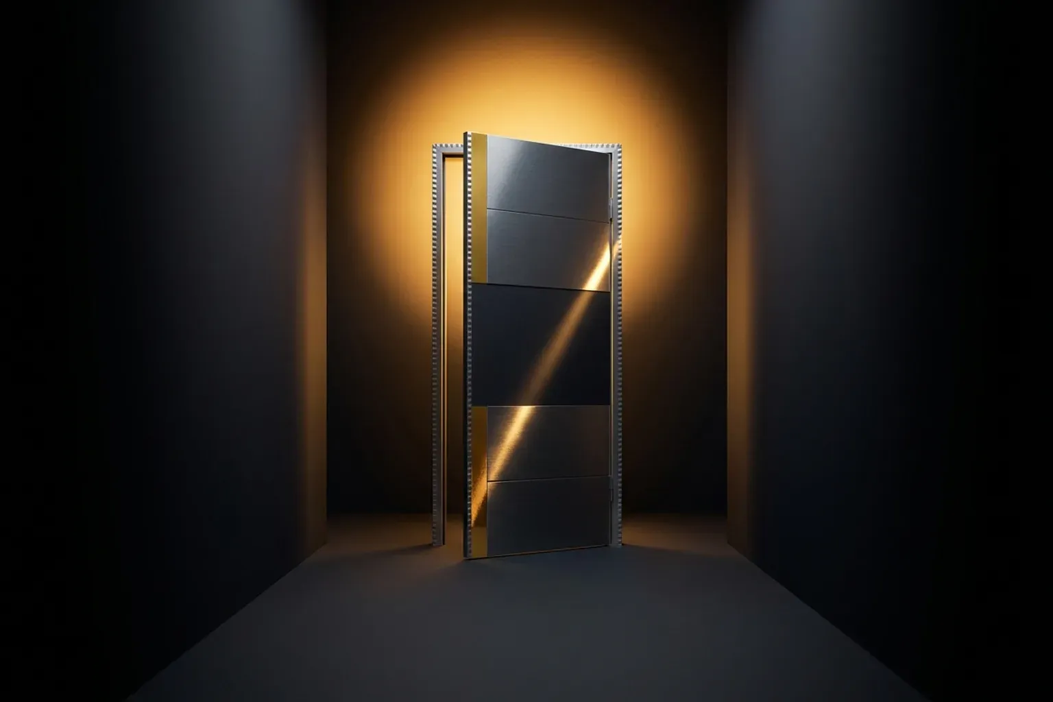 Abstract illustration of a tall door closing in a dark corridor