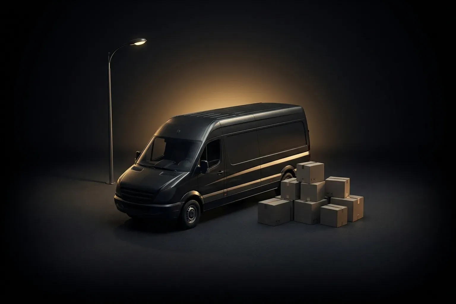 Abstract illustration of a parked delivery van and blank boxes under a streetlight at night